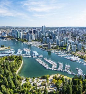 aerial view of stanley park and vancouver city