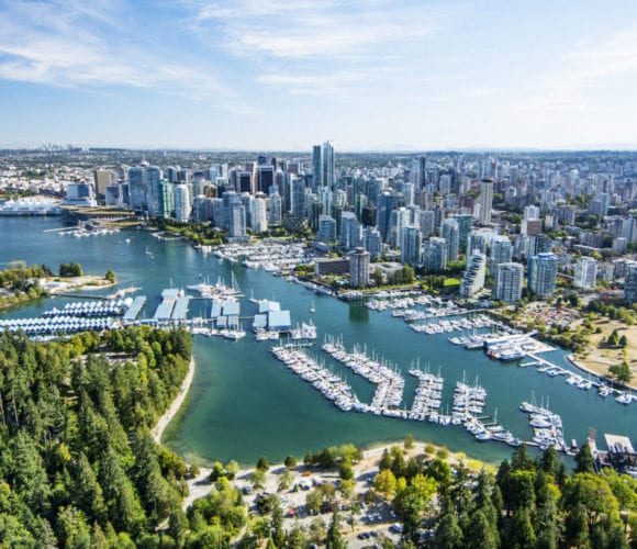aerial view of stanley park and vancouver city