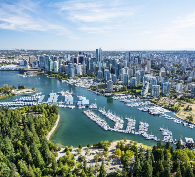 aerial view of stanley park and vancouver city