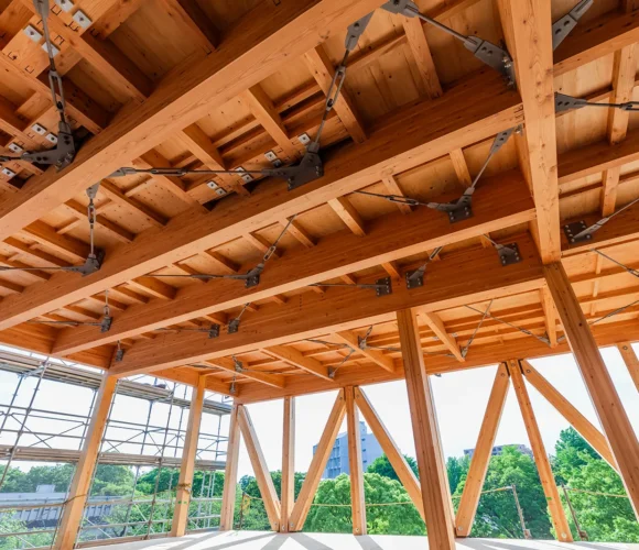 Interior view of a mass timber structure under construction, featuring exposed wooden beams, columns, and steel connectors. Scaffolding is visible along the windows, and the space is filled with natural light from large openings that reveal green trees and a clear sky outside.