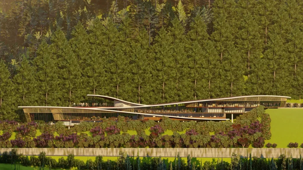 Rendering of a contemporary building nestled against a forested hillside, featuring extensive wood cladding, vertical timber screens and sweeping rooflines that emphasize the use of wood throughout the exterior design.
