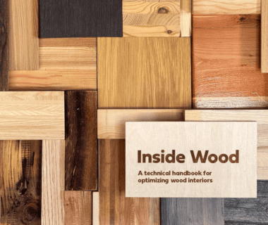 Cover of the publication Inside Wood: A technical handbook for optimizing wood interiors. The cover features a collage of rectangular wood samples in various species, colours and grain patterns arranged in a mosaic background.
