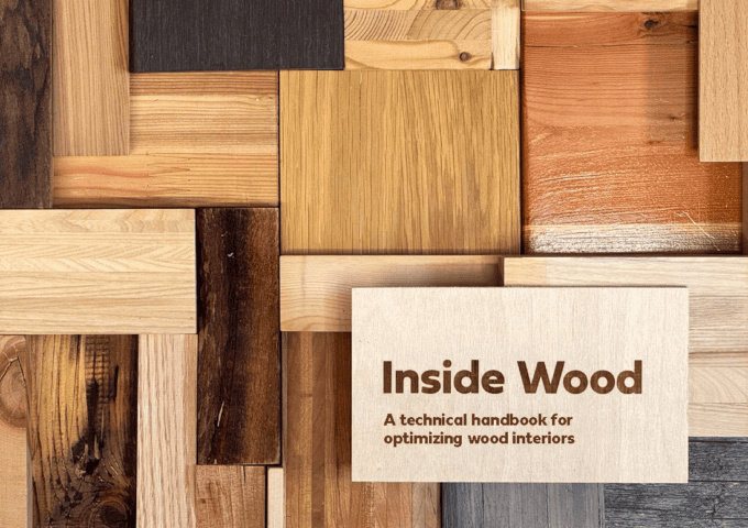 Cover of the publication Inside Wood: A technical handbook for optimizing wood interiors. The cover features a collage of rectangular wood samples in various species, colours and grain patterns arranged in a mosaic background.