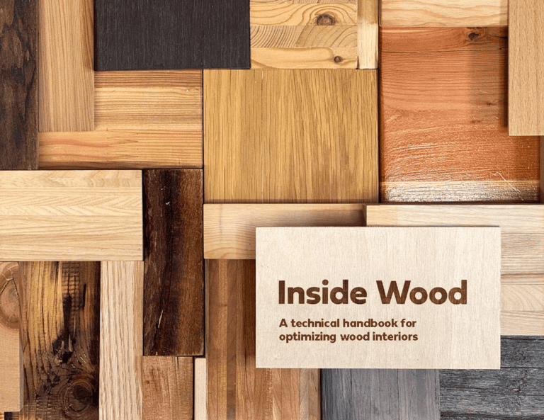 Cover of the publication Inside Wood: A technical handbook for optimizing wood interiors. The cover features a collage of rectangular wood samples in various species, colours and grain patterns arranged in a mosaic background.